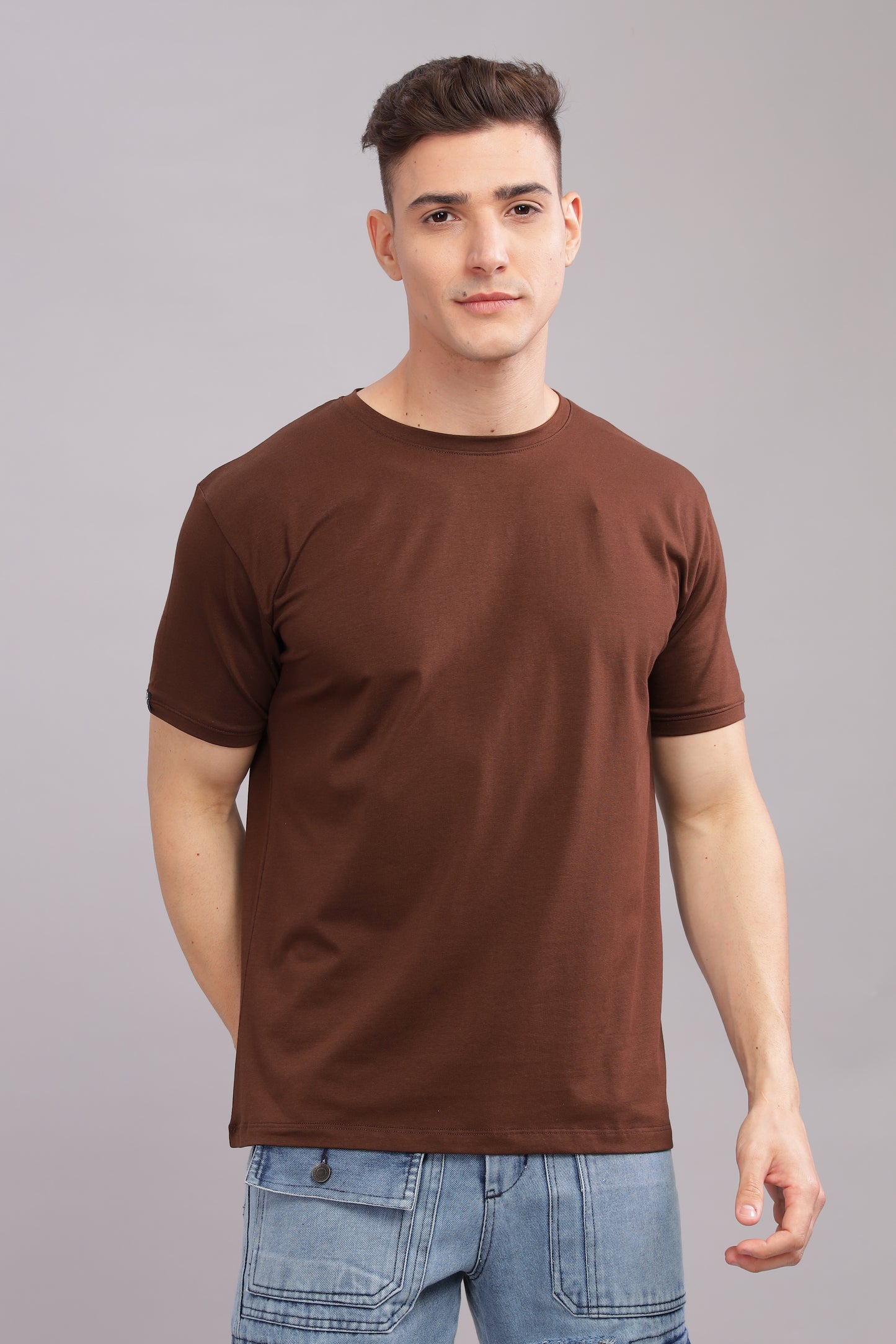 ROROYALS Solid Men Round Neck Brown T-Shirt